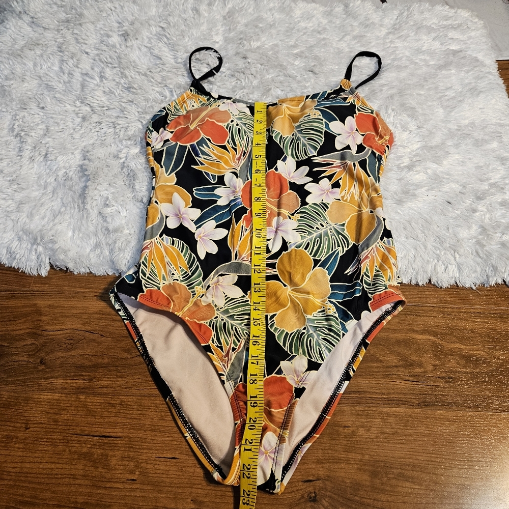 Floral‎ One Piece Swimsuit Tropical Print Black Orange Yellow Bathing Suit Sz L - Picture 12 of 16